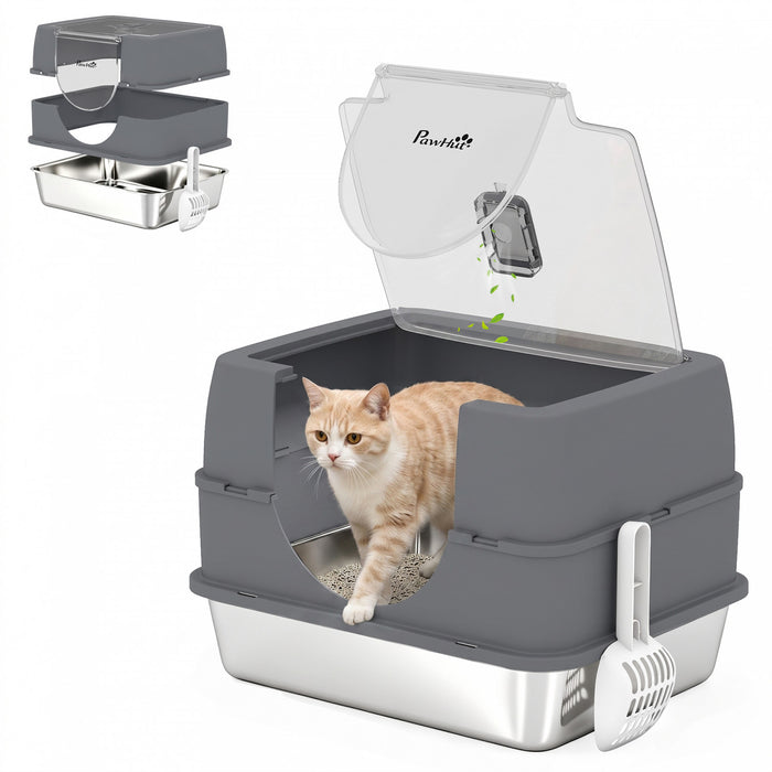PawHut Stainless Steel Cat Litter Box with Lid, High Sided Enclosed Litter Box with Removable Lid, Tray, Scoop, Easy to Clean, Odor Control, Anti-Leakage, Grey