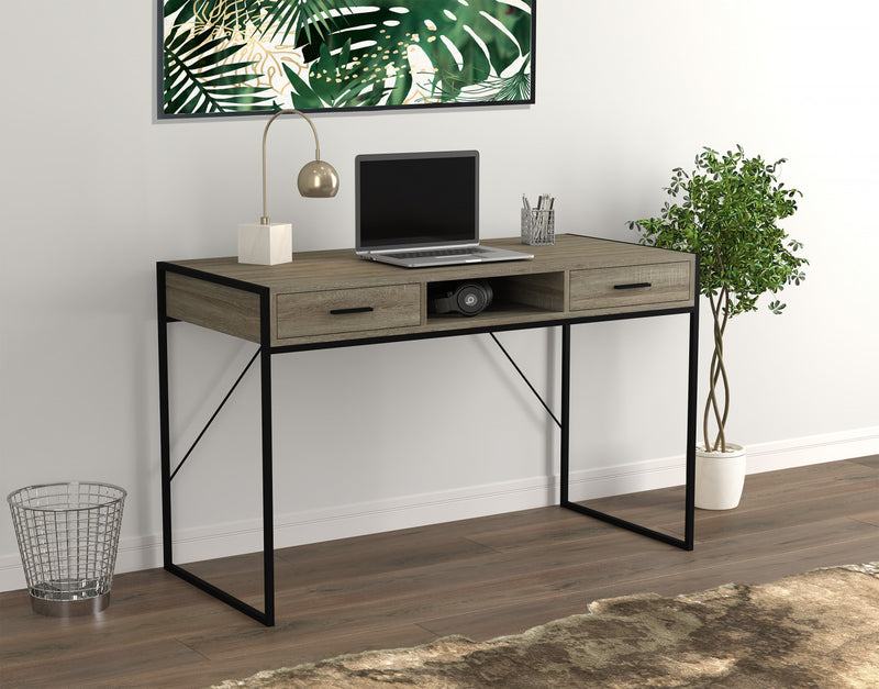 48” Computer Desk With 2 Drawers and 1 Shelf - Dark Taupe With Black Metal Base