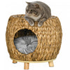 Pawhut Wicker Cat Bed, Rattan Kitten Bed With Washable Cushion, Elevated Pet Bed For Indoor Cats, Light Brown