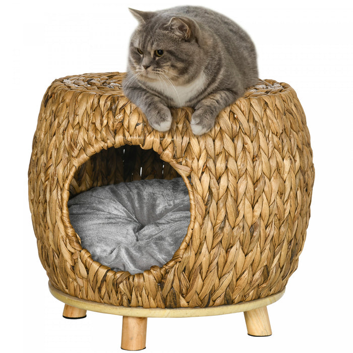 Pawhut Wicker Cat Bed, Rattan Kitten Bed With Washable Cushion, Elevated Pet Bed For Indoor Cats, Light Brown
