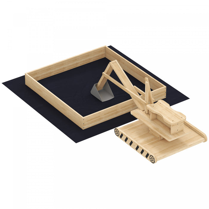 Qaba Wooden Sandbox with Digger Excavator Toy, Outdoor Kids Sandbox with 360° Rotating Seat, Sand Pit Kids Playset with Bottom Liner for Ages 3-6, 72\" x 35\" x 22\"