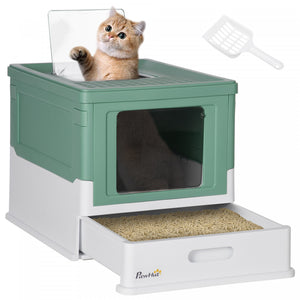 Pawhut Cat Litter Box, Top Entry Enclosed Kitty Litter Box With Scoop, Tray, Foldable Portable Kitten Litter Box Enclosure With Front Entry, Large Space, Green