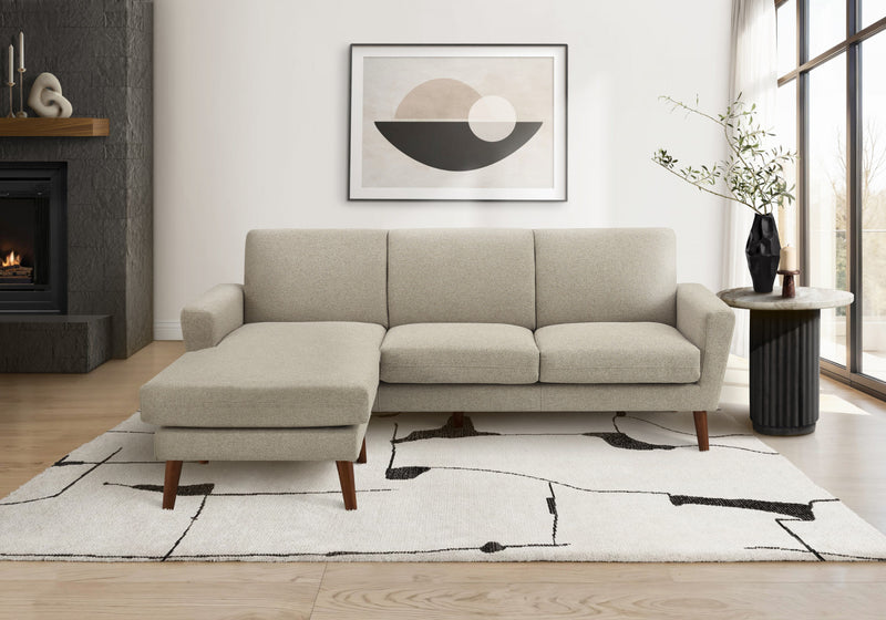 Upholstered Chaise Sofa Lounger, 86\" Wide, Light Brown Fabric, Walnut Solid Wood Legs Sofa