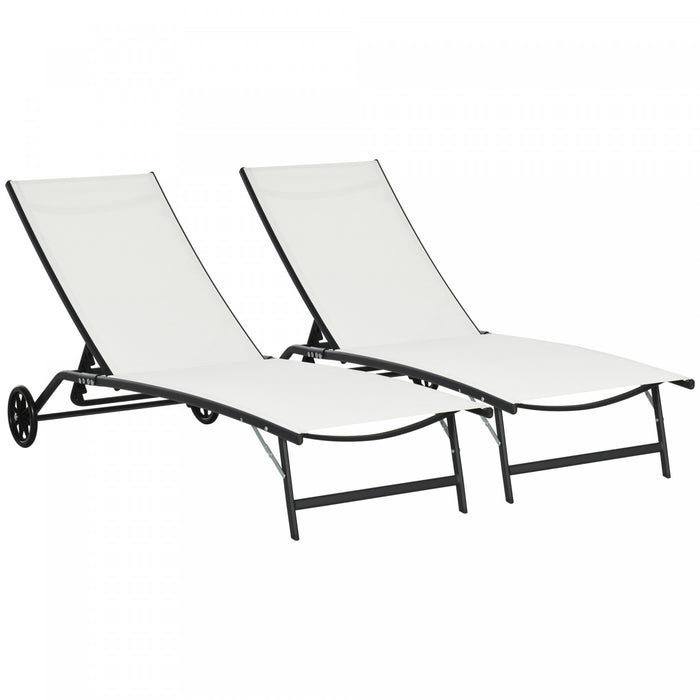 Outsunny 2pcs Lounge Chairs With Wheels, 5-level Adjustable Backrest, White