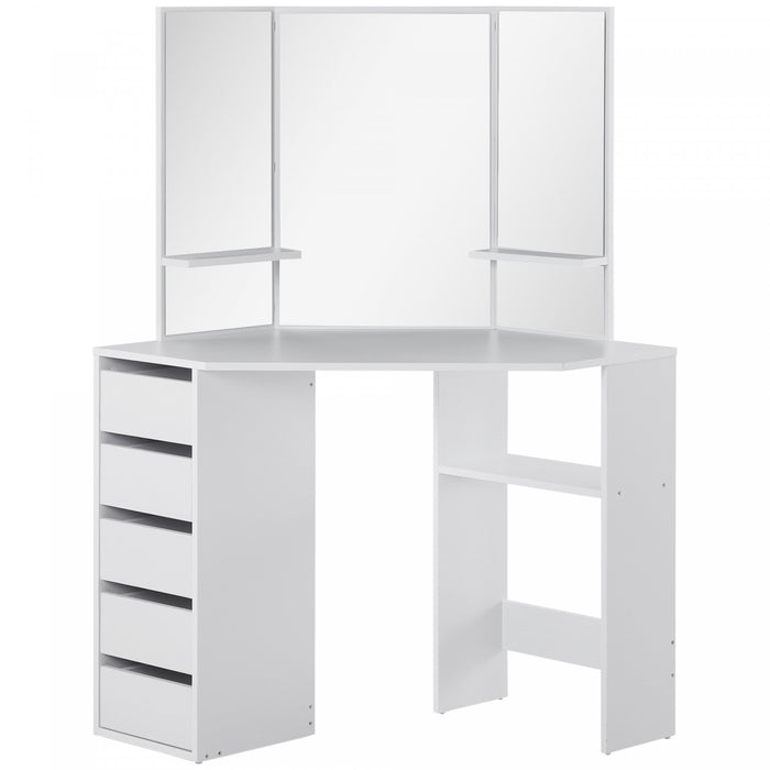 HOMCOM Corner Vanity Table, Makeup Desk with 3-piece Mirror and 5 Drawers