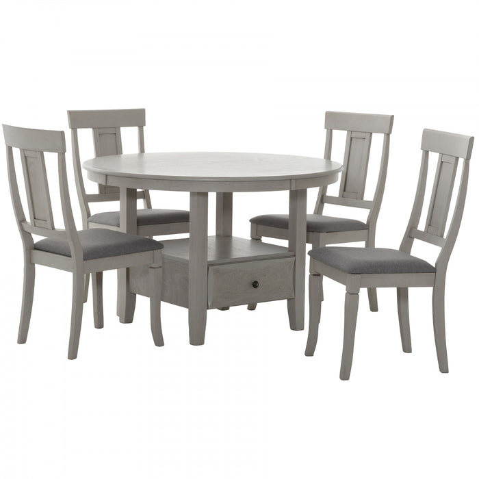 Prescott 5-Piece Round Pedestal Dining Set with Storage Drawer, Grey (Seats 4)