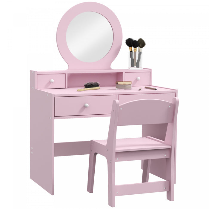 Qaba Kids Vanity Set, Children Dressing Table With Mirror, Kids Makeup Table With Stool And Storage Drawers, For Ages 3-8, Pink