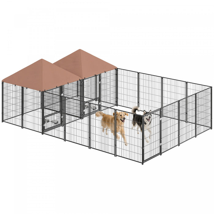 PawHut Outdoor Dog Kennel with 2 Rooms, Heavy Duty Dog Run with Rotating and Adjustable Height Bowls, Waterproof UV-Resistant Cover for Large Breeds, Ducks, 13.5' x 9.5' x 5'