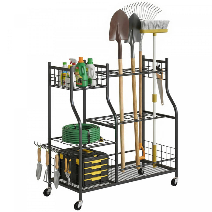 Outsunny Garden Tool Organizer for Garage, 3-Tier Yard Tool Storage Rack with 32 Slots, 4 Wheels, Shelves, 11 Hooks for Long-Handled Shovels and Rakes for Shed, Yard, Patio, Black