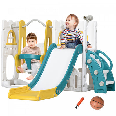 Qaba 6-in-1 Slide And Swing Set With Basketball Hoop, Climber, Baby Swing Set Indoor Playground With|Qaba Ensemble Toboggan Et Balancoire 6 En 1 Avec Panier De Basket, Grimpeur, Balancoire Pour Bebe, A