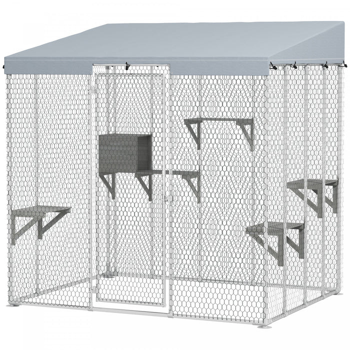 Pawhut Catio Outdoor Cat Enclosure Large, 79\" L Galvanized Steel Outdoor Cat House With 420d Waterproof Canopy, Multiple Platforms, Resting Condo, Lockable Door, For 1-3 Large Cats