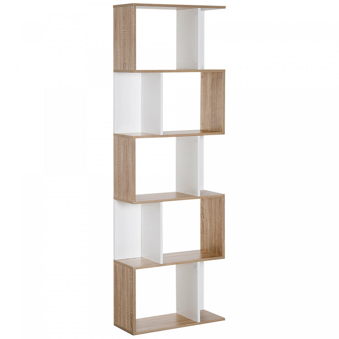 HOMCOM Geometric Bookcase, 5-Tier S Shaped Bookshelf, Natural and White
