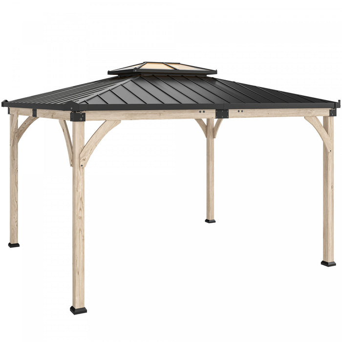 Outsunny 12' x 14' Hardtop Wood Gazebo Canopy, Double Roof Outdoor Gazebo