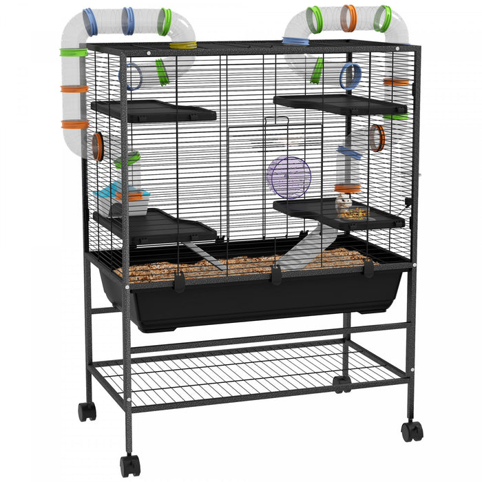 Pawhut 43\" Hamster Cage, Small Animal House Rolling Rat Cage With Tunnel Tube System, Exercise Wheel, Food Dish, Water Bottle, Ramp, Storage Shelf, For Syrian Hamsters, Gerbils