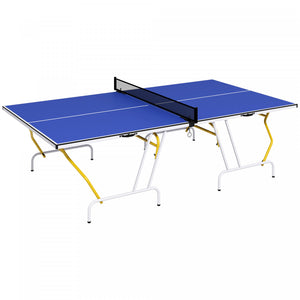 Soozier Full Size Ping Pong Table, Fold Into Quarters, Portable Table Tennis Table With Net, Paddles, Balls, Mdf, Blue