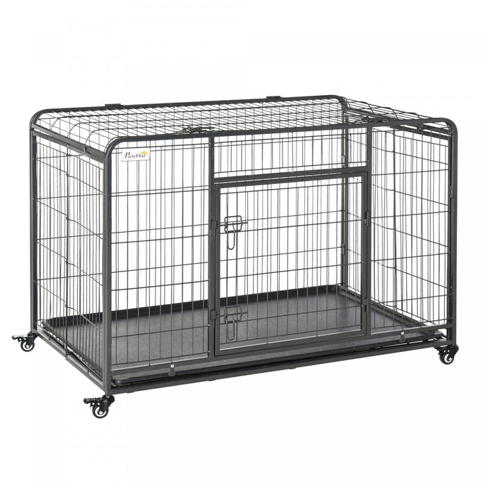 Pawhut Folding Heavy Duty Dog Crate Heavy Duty Cage For Extra Large Sized Dogs With Double Doors, Lockable Wheels Tray, 49\" X 30\" X 32\"