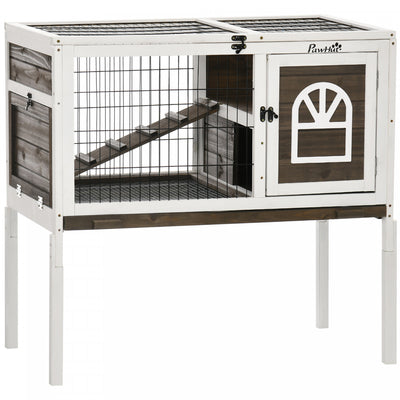 PawHut Rabbit Hutch, Indoor Elevated Bunny Cage with Run, Ladder, Slide-Out Tray and Lockable Doors, Rabbit House Guinea Pig Cage with Dual-Height Design, Coffee