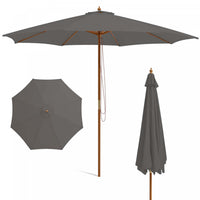 Costway 10FT Patio Wooden Market Table Umbrella Pulley with 8 Bamboo Ribs Sunshade Canopy Gray