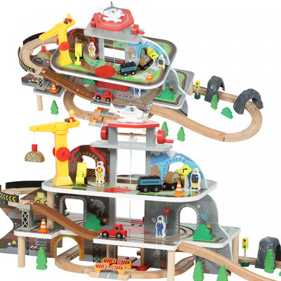 Qaba Wooden Train Set, 79 Pcs Toy Railway Set Mine Themed with Track, Crane, Helicopter & Accessories, STEM Toys Gift for Kids Toddlers, Boys & Girls 3+ Years
