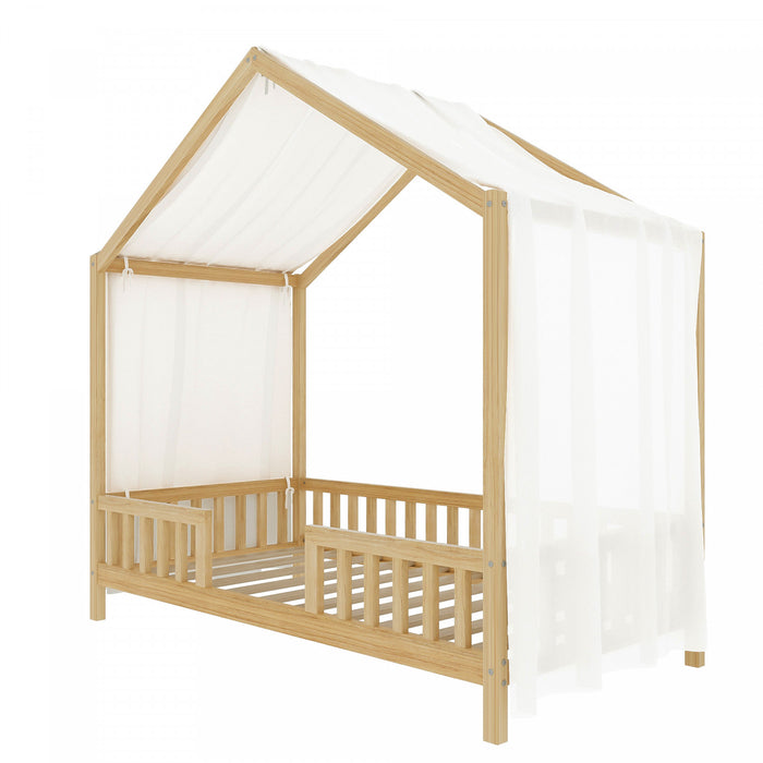 Paul Montessori Floor Bed with Canopy and High Railings,Twin Size，Natural Twin Bed