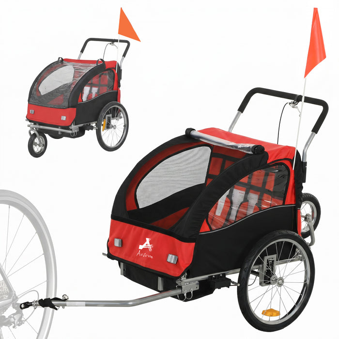 Aosom 2-Seat Bike Trailer for Kids, 2-in-1 Baby Stroller Bicycle Trailer 88 lbs Load with 5-Point Harness, Rubber Wheels, Storage, Safety Flag, Reflectors, Foldable Frame, Red
