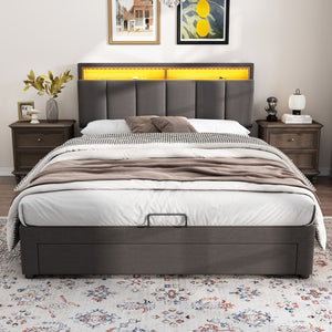Kelly Upholstered Hydraulic Storage Bed with LED Lighting Headboard and Built-in Drawers,Queen Size,Grey Queen Bed