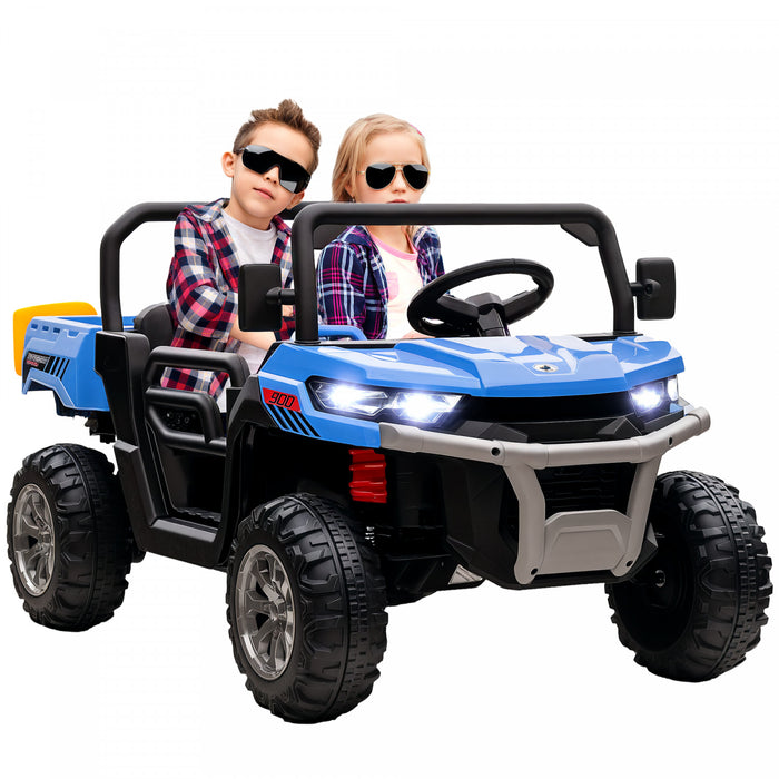 Aosom 2-seater Ride On Car, 12v 7ah Kids Utv, Ride On Dump Truck With Electric Dump Bed And Shovel, Remote Control, 4 Spring Suspension, Music, Lights, For Boys Girls, Blue