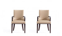 Shubert Modern Wood Vegan Leather and Velvet Armchair in Tan - Set of 2