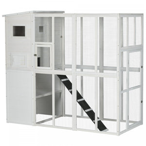 Pawhut Large Catio Outdoor Cat Enclosure Weatherproof Cat House With Cat Condo, Indoor Wooden Cat Cage Pet Kennel, 77