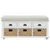 Harvey Solid Wood Storage Bench With Drawers And Rattan Baskets - White