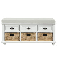 Harvey Solid Wood Storage Bench With Drawers And Rattan Baskets - White