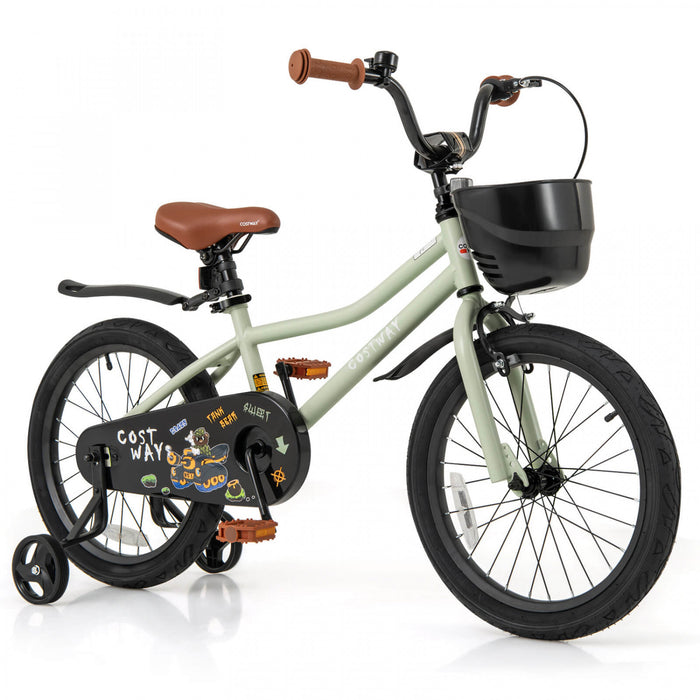 Costway 18\" Kid's Bike With Training Wheels Adjustable Handlebar & Seat Handbrake Green