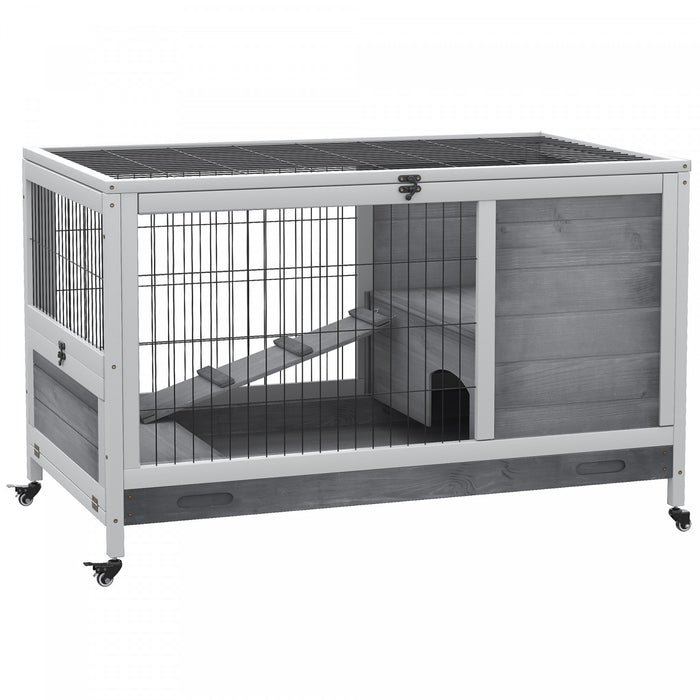 Pawhut Wooden Indoor Rabbit Hutch Elevated Bunny Cage Habitat With Enclosed Run With Wheels, Ideal For Rabbits And Guinea Pigs, Grey