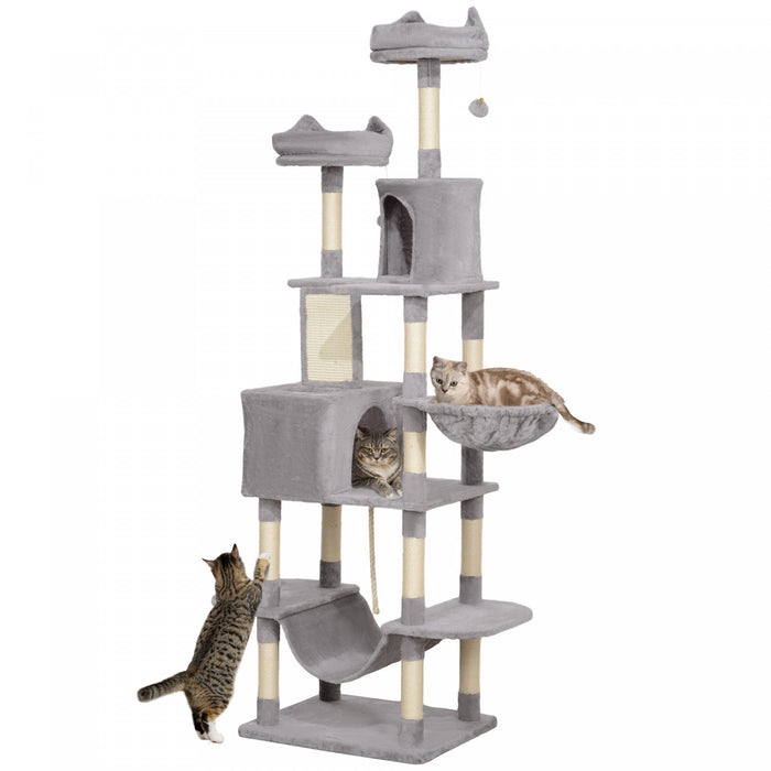Pawhut Cat Tower, 81\" Cat Tree For Large Cats Adult W/ Scratching Posts, Scratching Board, Cat Condos, Cat Beds, Hammocks, Jumping Platforms, Toy Balls, Rope Cat Toy, Light Grey