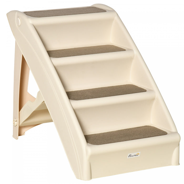 Pawhut 4-level Portable Dog Stairs, Foldable Dog Steps For Small Dogs, Lightweight Cat Steps, With Nonslip Soft Mats, For High Bed, Sofa, Beige