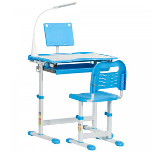 Qaba Kids Desk And Chair Set Height Adjustable Student Writing Desk Children School Study Table With Tilt Desktop, LED Lamp, Pen Box, Drawer, Reading Board, Cup Holder, Pen Slots, Blue
