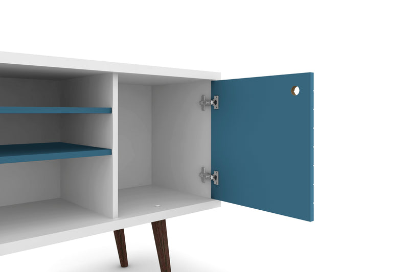 Manhattan Comfort Liberty 53.14\" Mid-Century Modern TV Stand with 5 Shelves & 1 Door - White & Aqua Blue