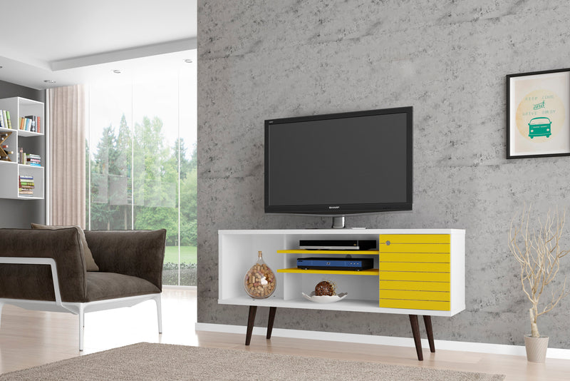 Manhattan Comfort Liberty 53.14\" Mid-Century Modern TV Stand with 5 Shelves & 1 Door - White & Rustic Brown