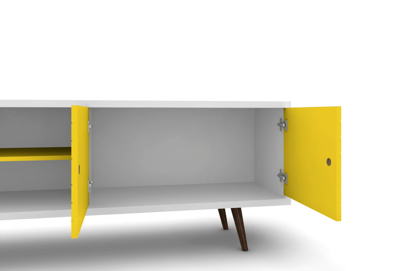 Manhattan Comfort Liberty 62.99\" Mid-Century Modern TV Stand with 3 Shelves & 2 Doors - White & Rustic Brown