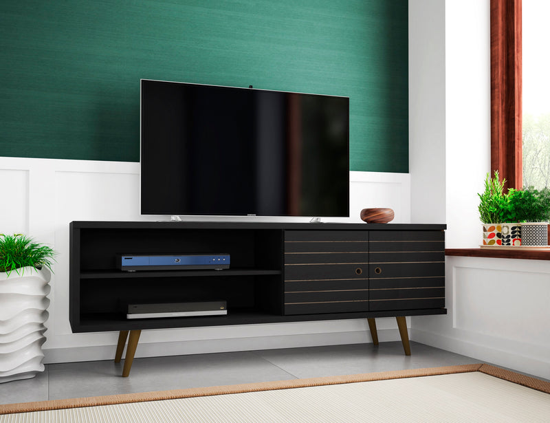Manhattan Comfort Liberty 62.99\" Mid-Century Modern TV Stand with 3 Shelves & 2 Doors - Black