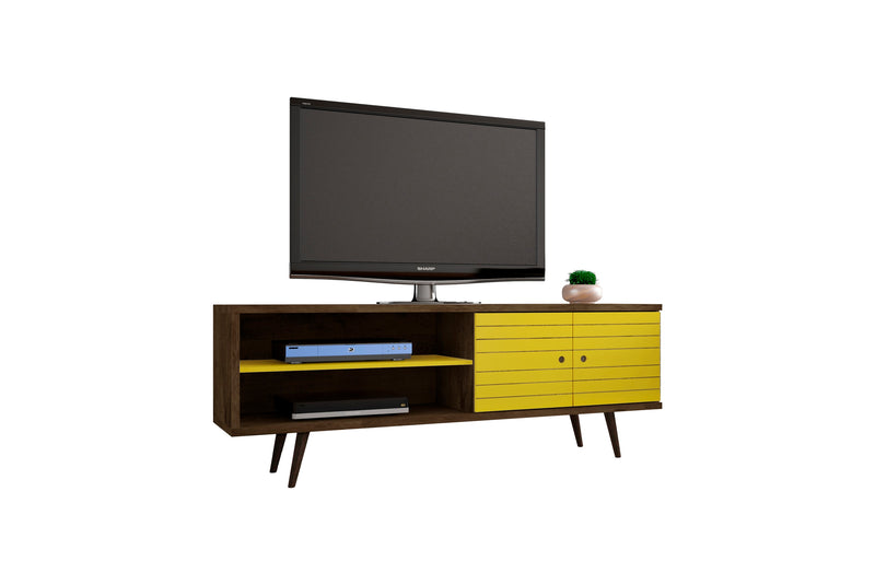 Manhattan Comfort Liberty 62.99\" Mid-Century Modern TV Stand with 3 Shelves & 2 Doors - Rustic Brown & White