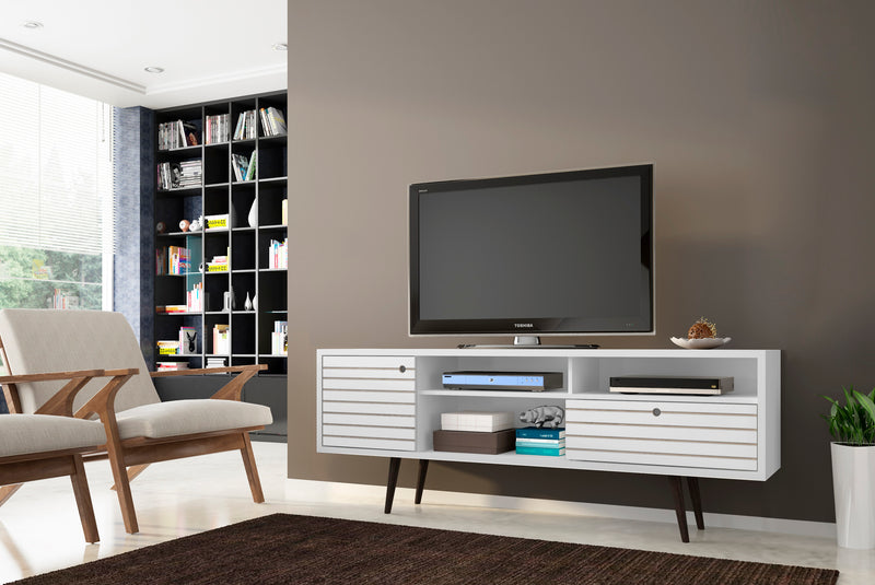 Manhattan Comfort Liberty 70.86\" Mid-Century Modern TV Stand with 4 Shelving Spaces & 1 Drawer - White