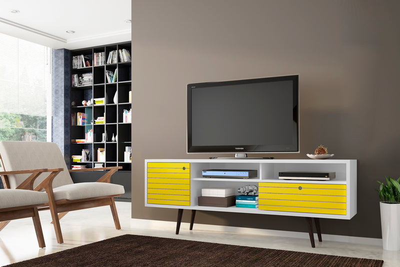 Manhattan Comfort Liberty 70.86\" Mid-Century Modern TV Stand with 4 Shelving Spaces & 1 Drawer - White & Yellow