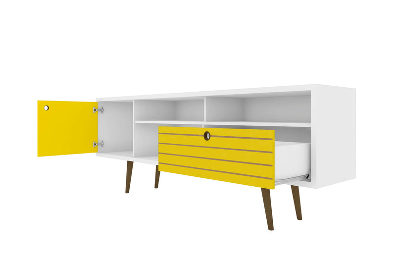 Manhattan Comfort Liberty 70.86\" Mid-Century Modern TV Stand with 4 Shelving Spaces & 1 Drawer - White & Yellow