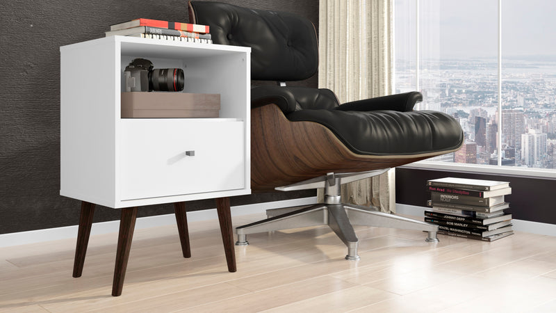 Manhattan Comfort Liberty Mid-Century Modern Nightstand with Cubby Space & Drawer - White