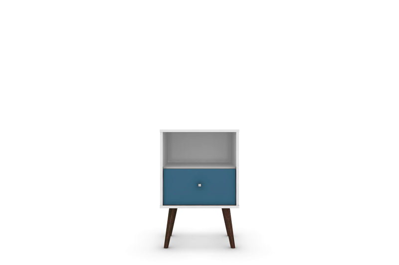 Manhattan Comfort Liberty Mid-Century Modern Nightstand with Cubby Space & Drawer - White & Aqua Blue