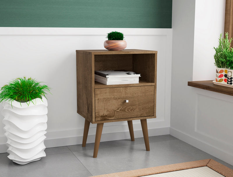 Manhattan Comfort Liberty Mid-Century Modern Nightstand with 1 Cubby Space & Drawer - Rustic Brown