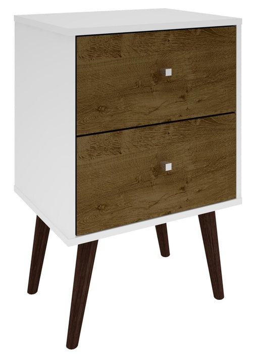 Manhattan Comfort Liberty Mid-Century Modern Nightstand with 2 Full Extension Drawers - White & Rustic Brown