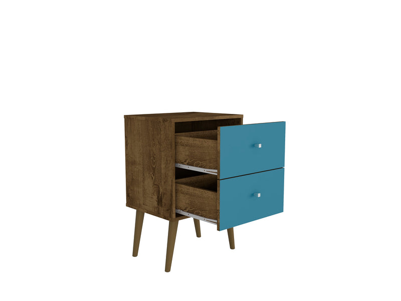 Manhattan Comfort Liberty Mid-Century Modern Nightstand with 2 Full Extension Drawers - Rustic Brown & Aqua Blue