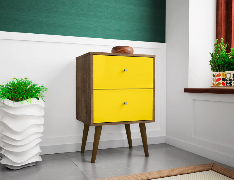 Manhattan Comfort Liberty Mid-Century Modern Nightstand with 2 Full Extension Drawers - Rustic Brown & Yellow